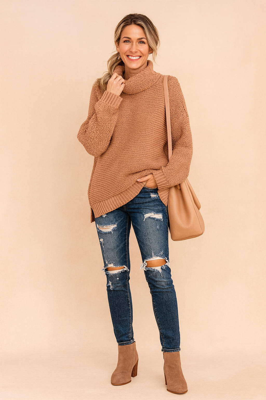 Cozy women's oversized turtleneck pullover sweater, a stylish and warm long-sleeve top for winter fashion.