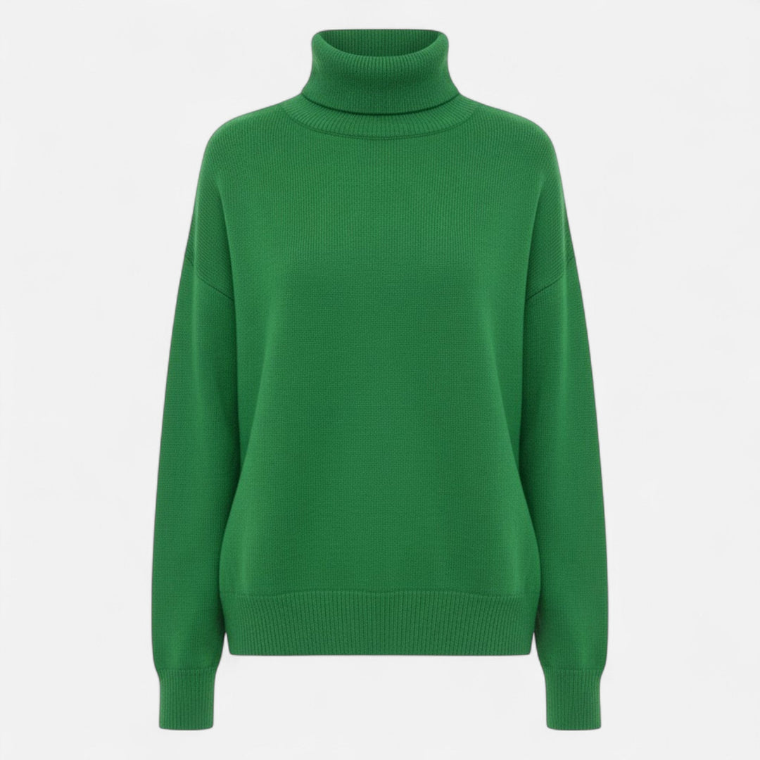 Women's oversized turtleneck top, warm and stylish for winter outdoor activities.