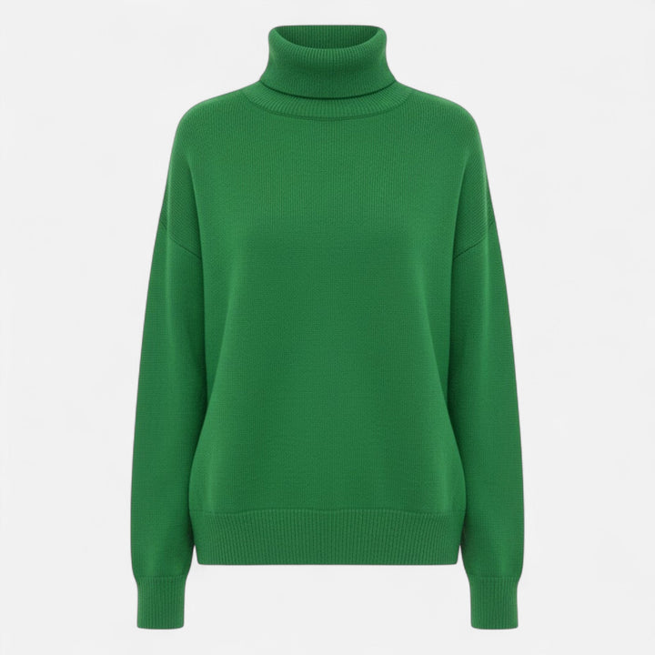 Women's oversized turtleneck top, warm and stylish for winter outdoor activities.