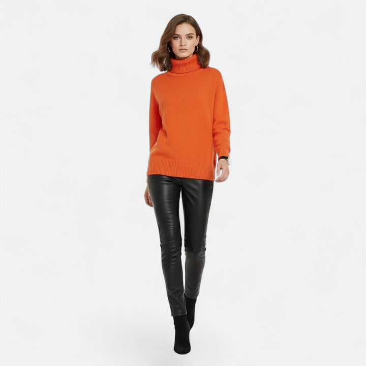 Women's warm turtleneck sweater, cozy knitwear for chilly autumn evenings.