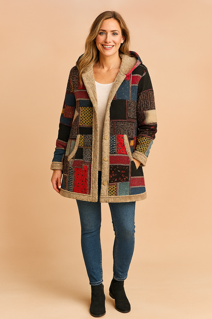Women's cozy patchwork hooded long jacket in boho style, perfect colorful winter outerwear.