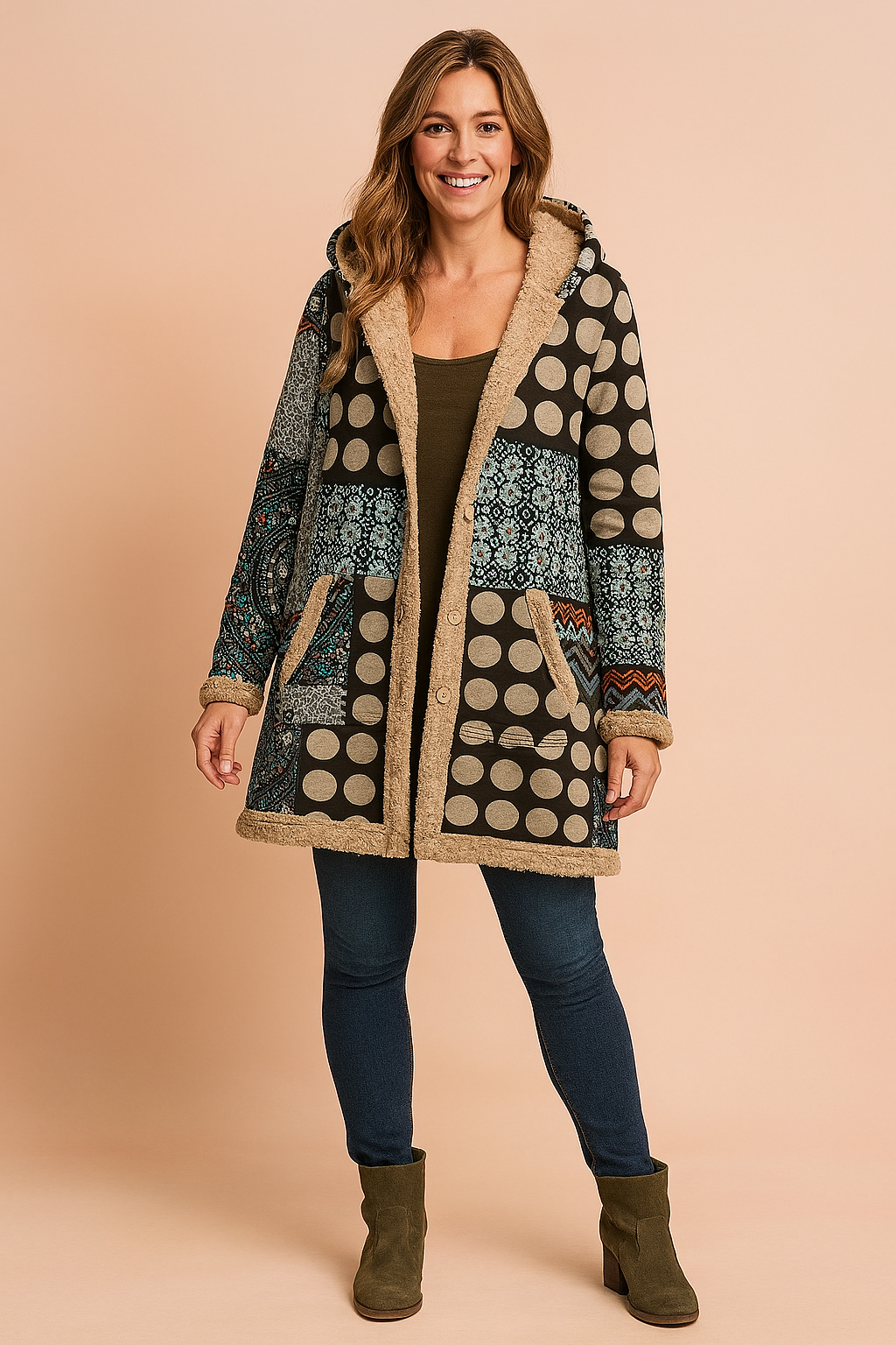 Boho women's long patchwork jacket with a cozy hood, unique colorful design for stylish winter outerwear.