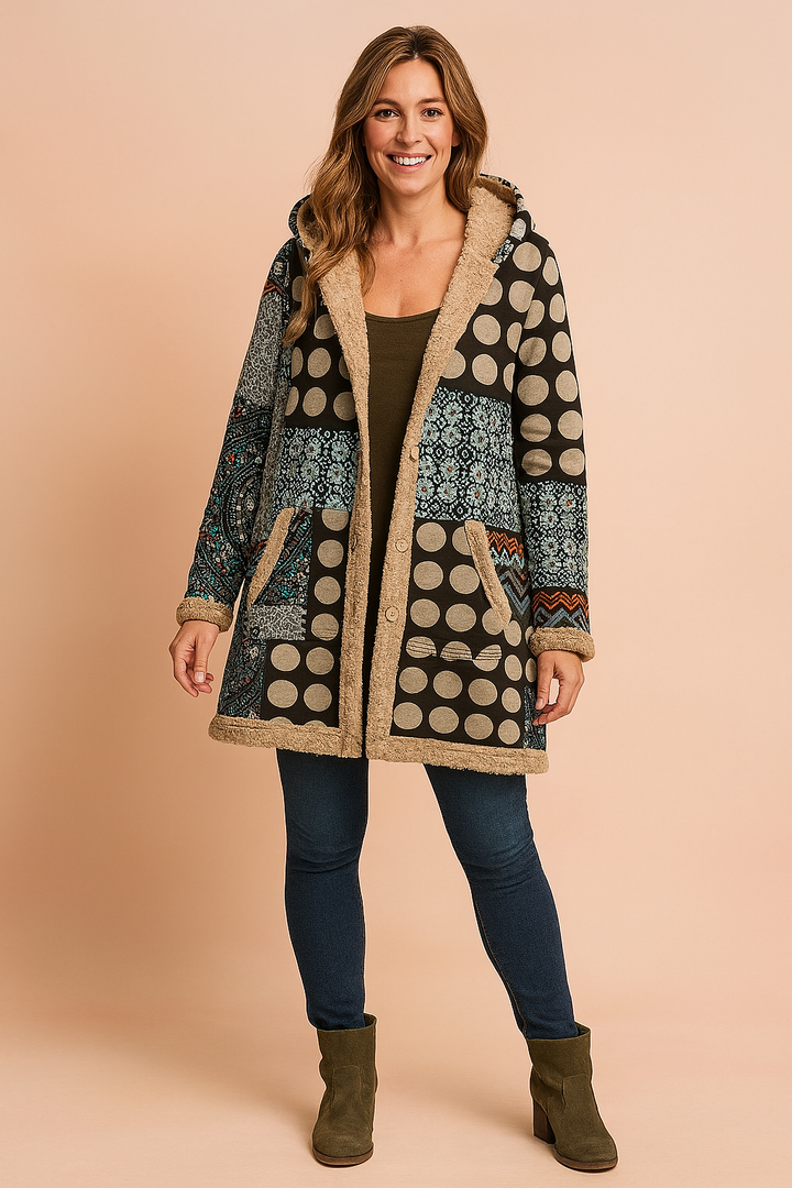 Boho women's long patchwork jacket with a cozy hood, unique colorful design for stylish winter outerwear.