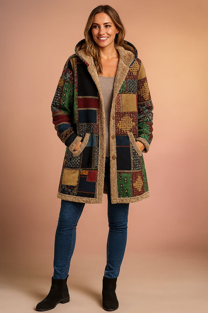 Warm women's long hooded jacket featuring unique colorful patchwork design, ideal cozy boho winter coat.