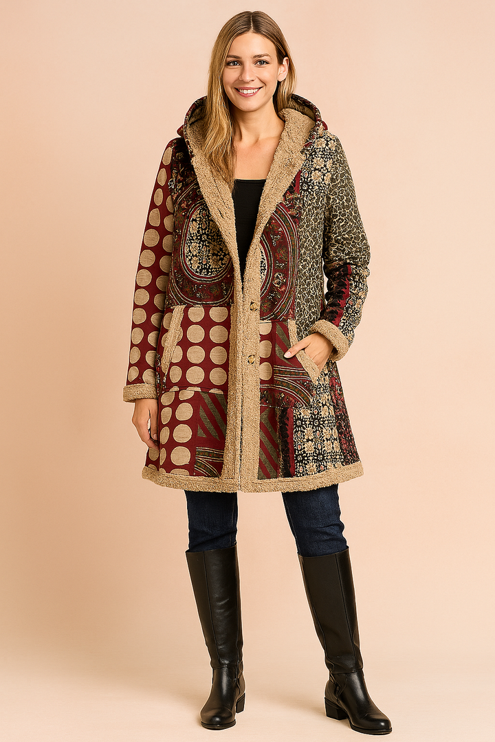 Stylish women's hooded long patchwork jacket, a cozy and colorful boho outerwear piece for unique fashion.
