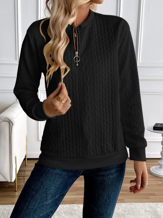 Comfortable women's quilted pullover sweater, an essential zip-up for fall fashion and cozy layering.