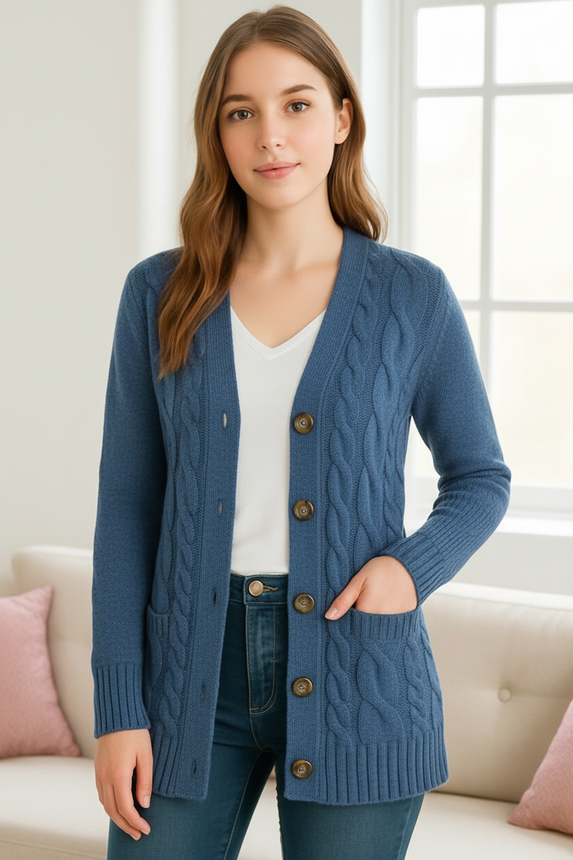Women's cream cable knit cardigan, relaxed fit with button front closure, ideal for spring layering.