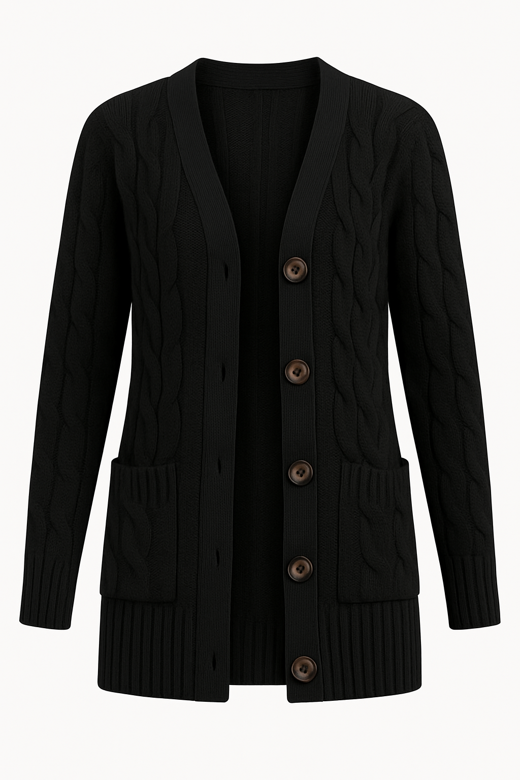 Casual women's button-front cable knit cardigan, a comfortable layering piece for everyday spring wear.