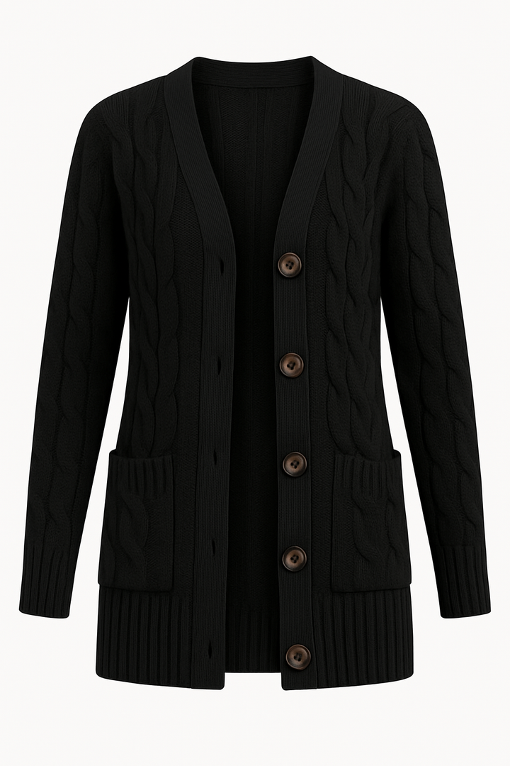 Casual women's button-front cable knit cardigan, a comfortable layering piece for everyday spring wear.