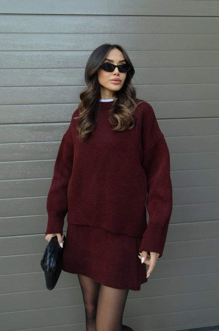 Women's cream knit sweater top and matching mini skirt set, perfect for spring casual chic