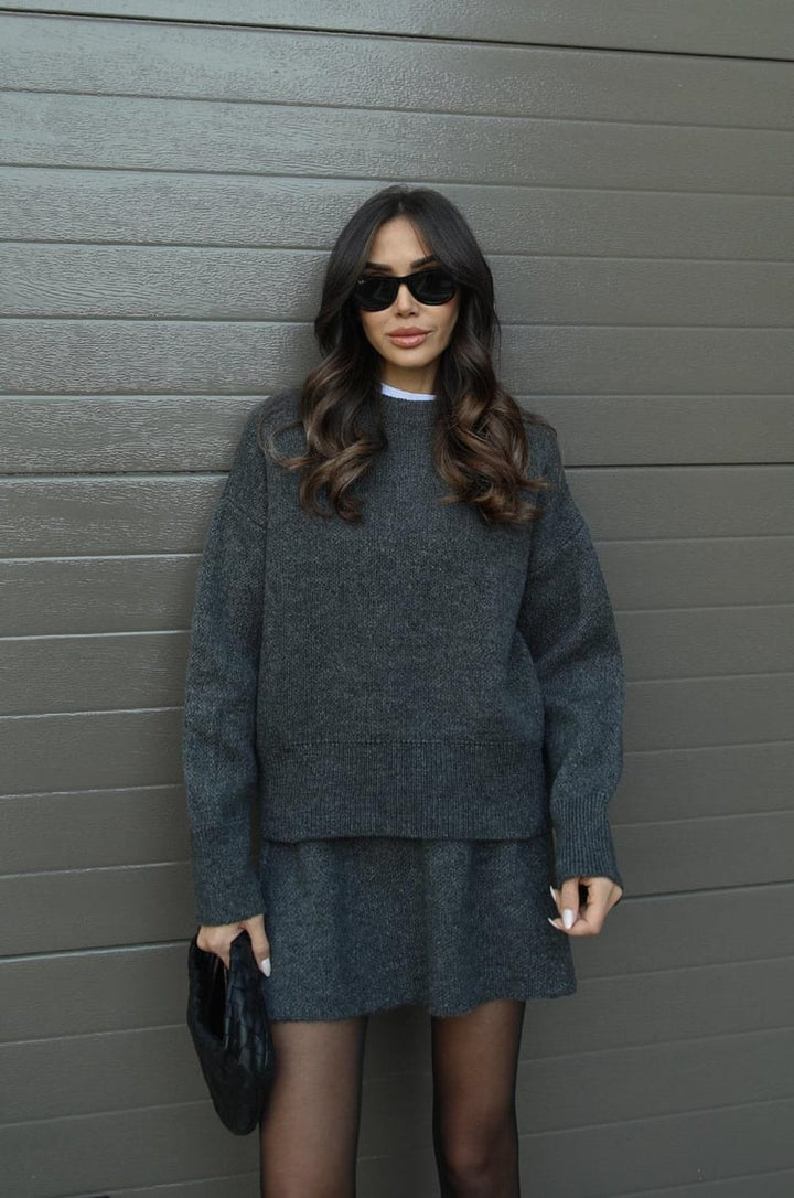 Stylish women's co-ord set in a soft knit fabric, sweater top and mini skirt combo