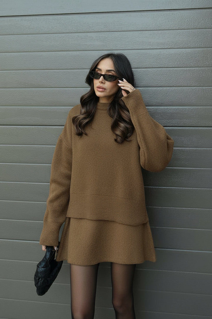 Spring fashion women's apparel: a comfortable knit sweater and mini skirt two-piece set