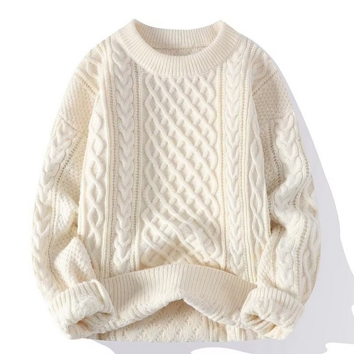 Women's cream textured knit crewneck sweater for casual spring fashion.
