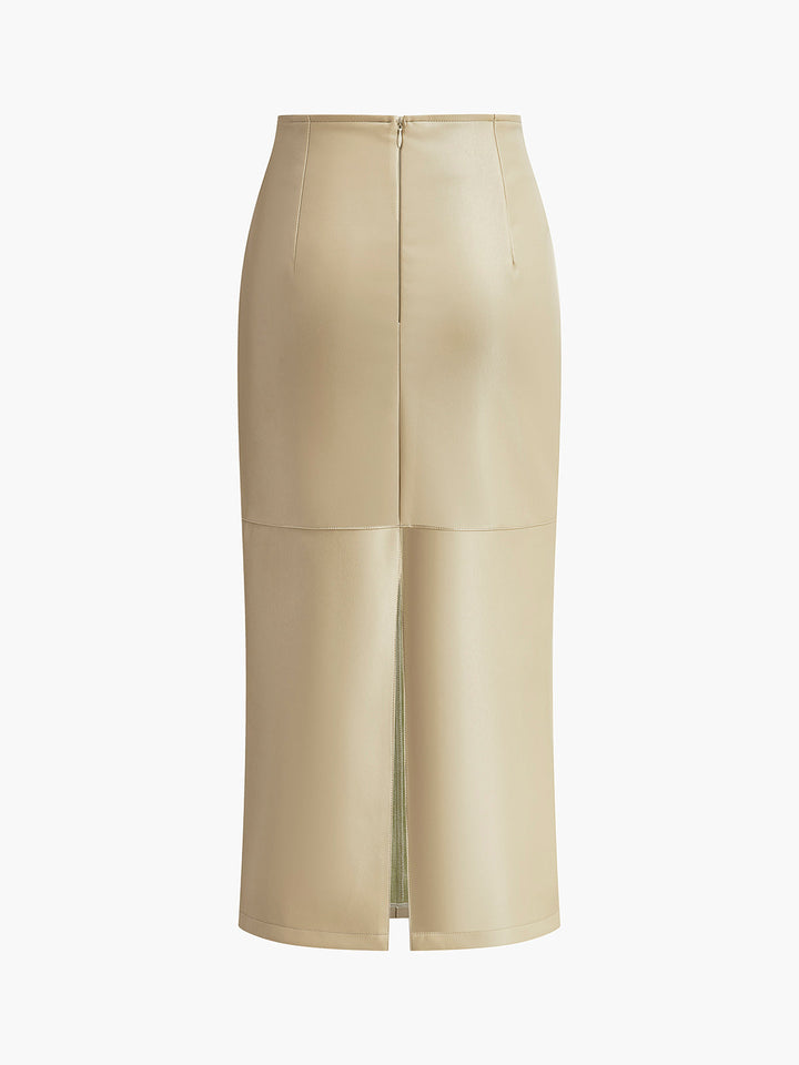 Elegant women's creme midi skirt with a high waist and A-line cut, featuring practical pockets