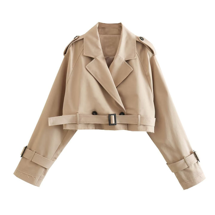 Women's cropped double-breasted trench coat for stylish outerwear, perfect for casual & workwear fashion.
