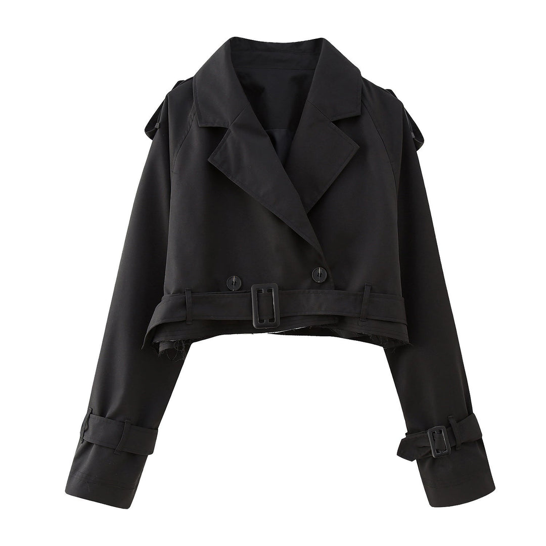 Stylish women's cropped trench coat, double-breasted design, ideal for modern casual & workwear.