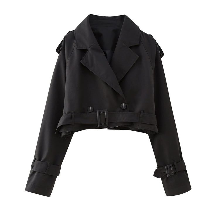 Stylish women's cropped trench coat, double-breasted design, ideal for modern casual & workwear.