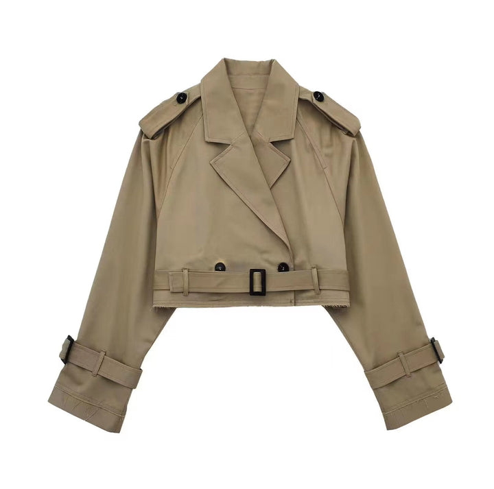 Fashionable women's short outerwear, a double-breasted trench coat for a chic modern look.