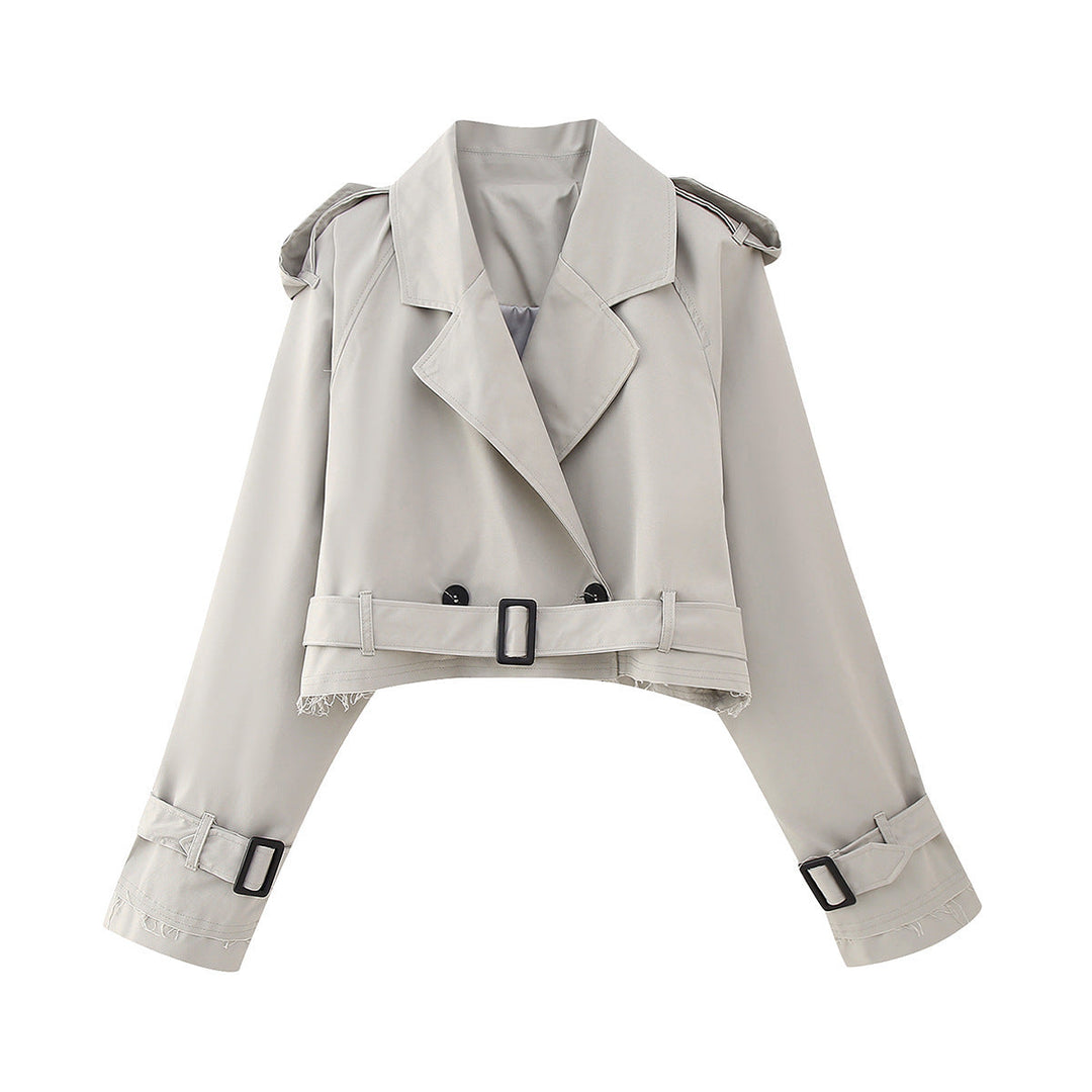 Women's double-breasted cropped trench coat, a versatile and stylish piece for outerwear fashion.