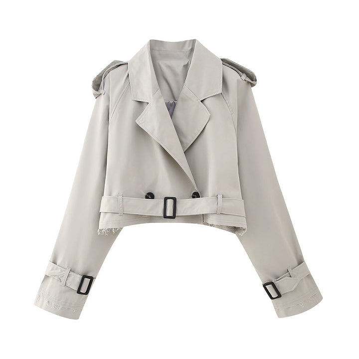 Women's double-breasted cropped trench coat, a versatile and stylish piece for outerwear fashion.