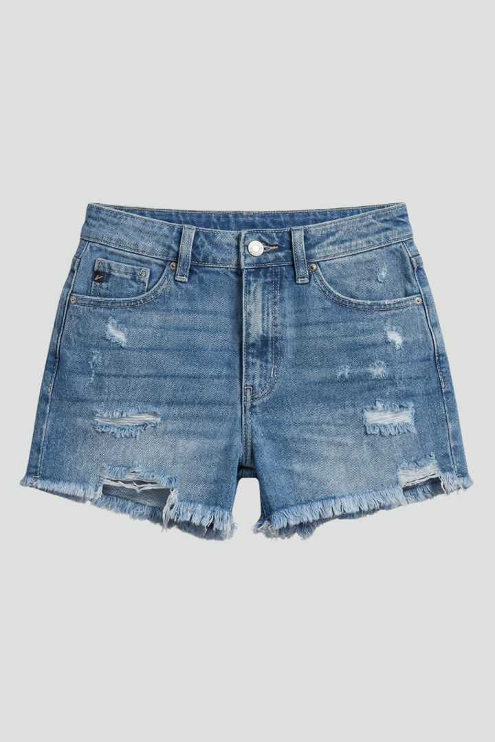 Women's dark blue distressed denim shorts with frayed hem, perfect for casual summer style.