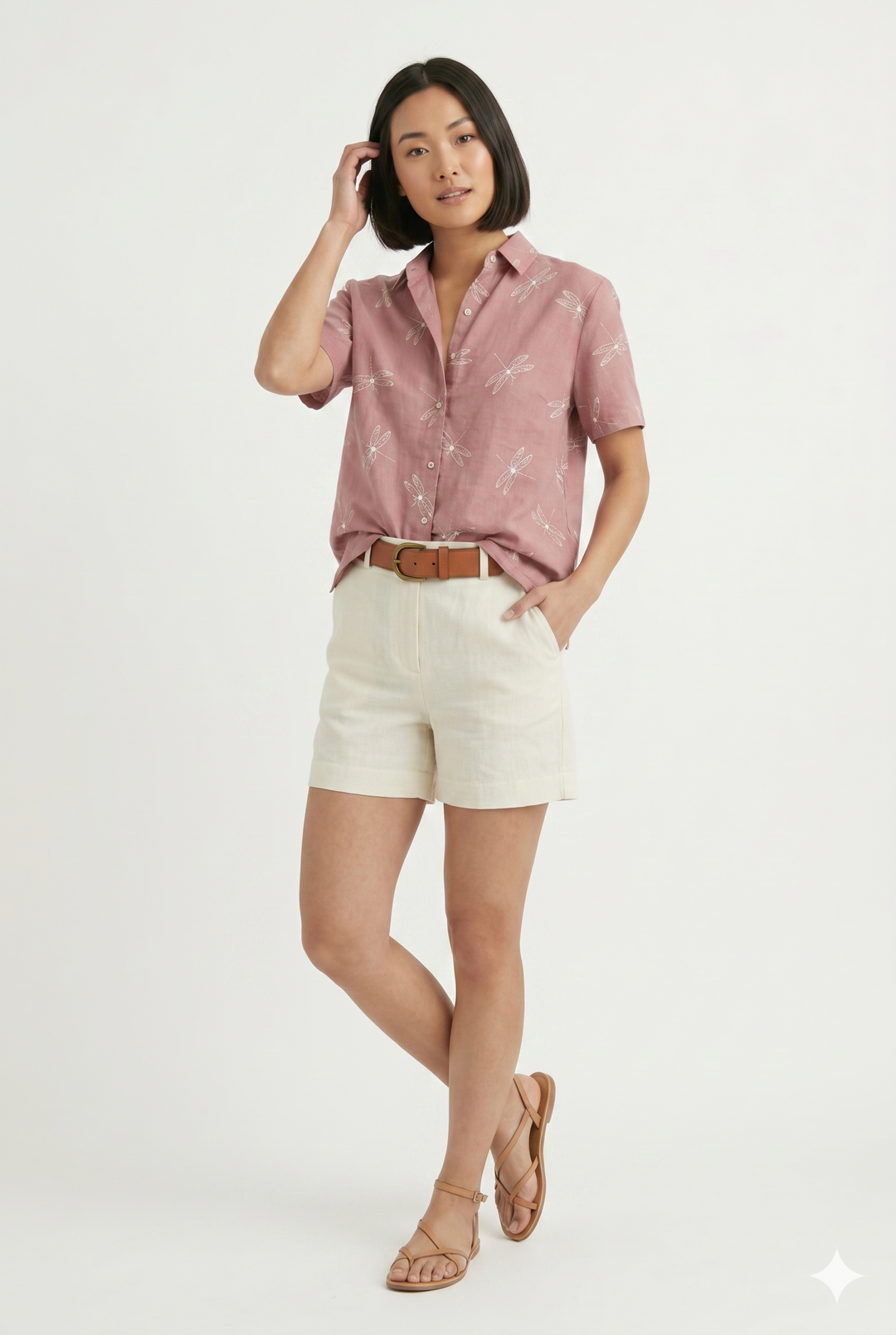 Casual women's short sleeve printed blouse in dark pink. Lightweight button-up shirt, perfect for summer vacation or everyday.