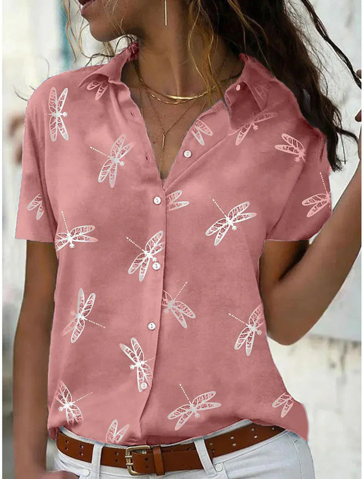 Dark pink women's lightweight printed button-up blouse. Relaxed fit short sleeve shirt for versatile summer and everyday style.