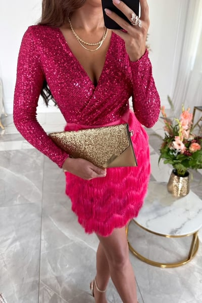 Elegant women's sequin fringe mini dress, designed for dazzling evening parties & cocktail events.