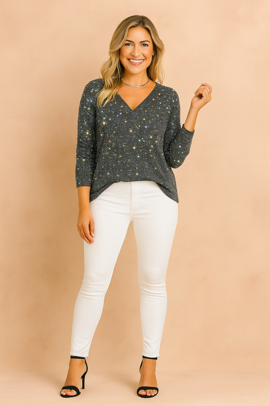Fashionable women's sparkling V-neck blouse. Dressy casual long sleeve top with glitter for an elegant evening look.