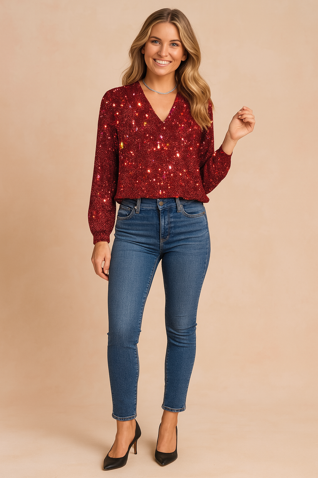 Dazzling women's V-neck sparkling blouse. Elegant long sleeve glitter top, great for parties & special evenings.