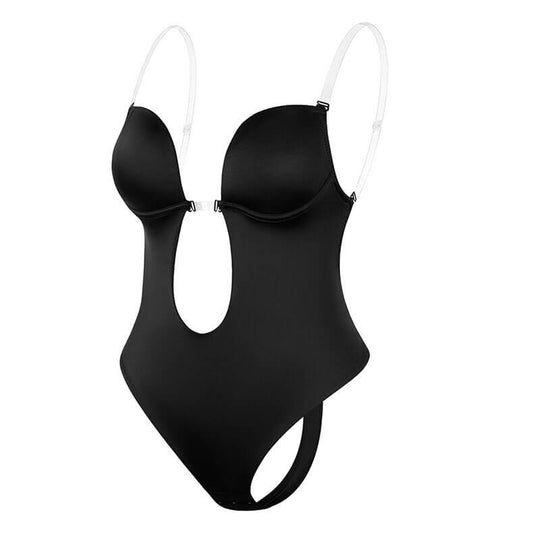 Women's shapewear bodysuit featuring a deep V neck and backless design for smooth look