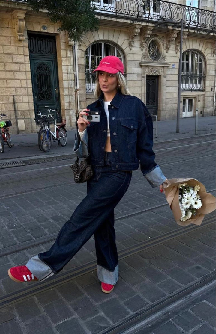 Women's denim blue cropped jacket and matching high-waisted pants spring set, versatile casual outfit.