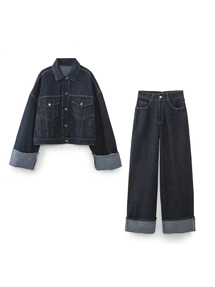 A versatile women's spring set featuring a modern cropped jacket and relaxed-fit pants in denim blue.