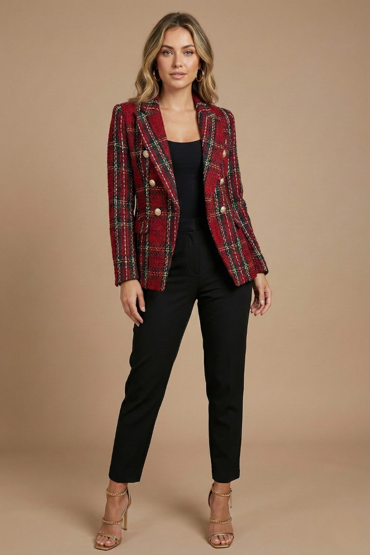 Women's double-breasted check blazer for a sophisticated winter fashion workwear look.