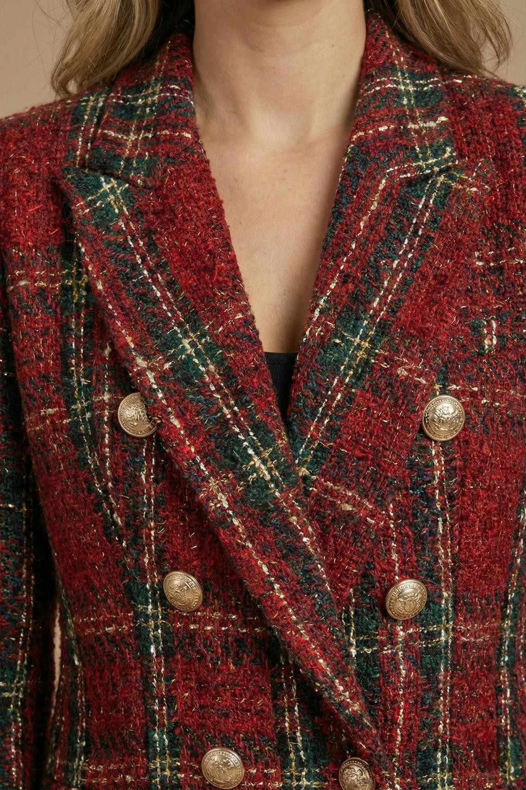 Classic women's tailored check jacket, long sleeve, perfect for casual chic outerwear.