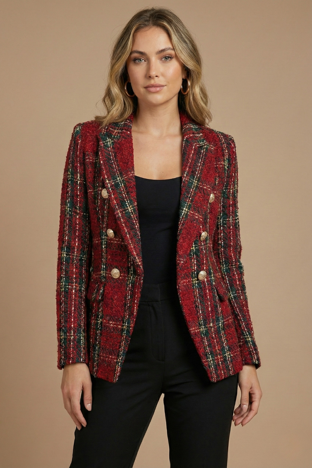 Stylish double-breasted women's blazer in a timeless check pattern, ideal for workwear.