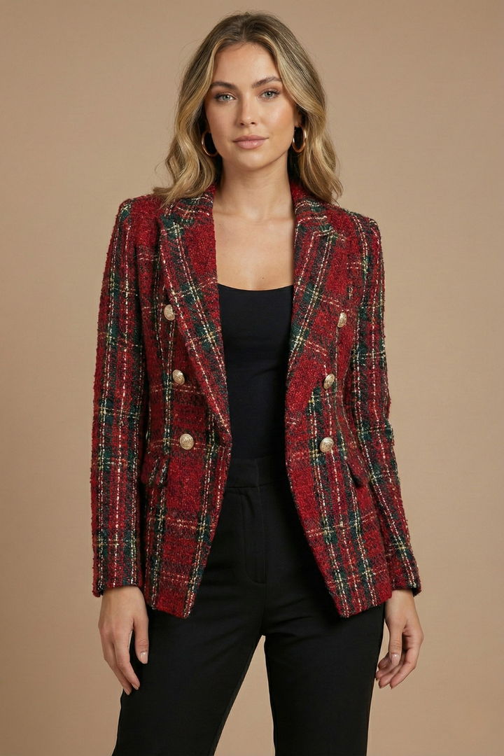 Stylish double-breasted women's blazer in a timeless check pattern, ideal for workwear.