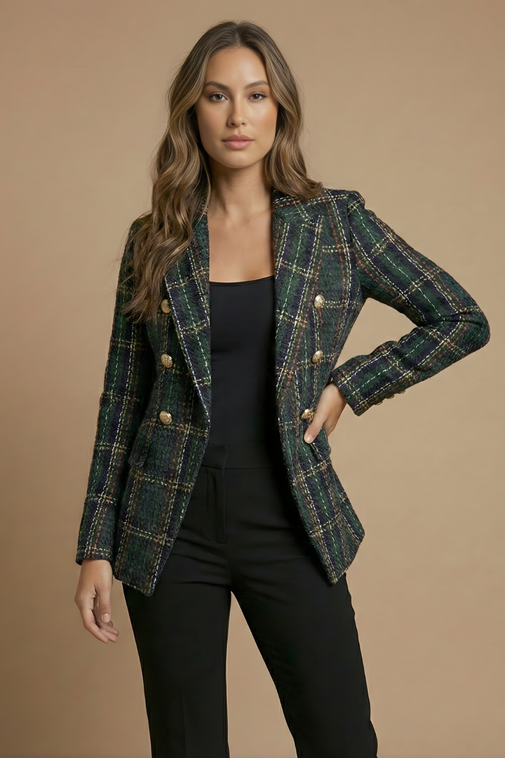 Fashionable women's long sleeve check blazer, versatile for both workwear and casual chic.