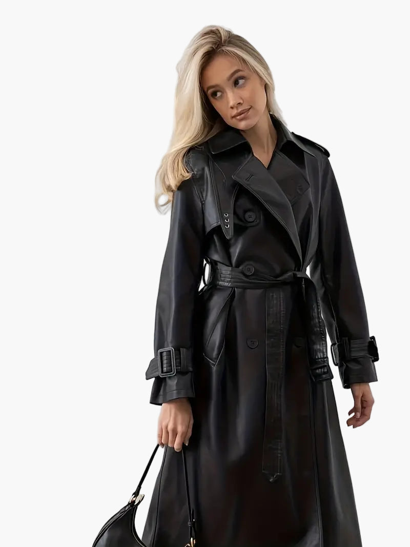 Women's double-breasted faux leather trench coat, black, belted, for fall fashion.
