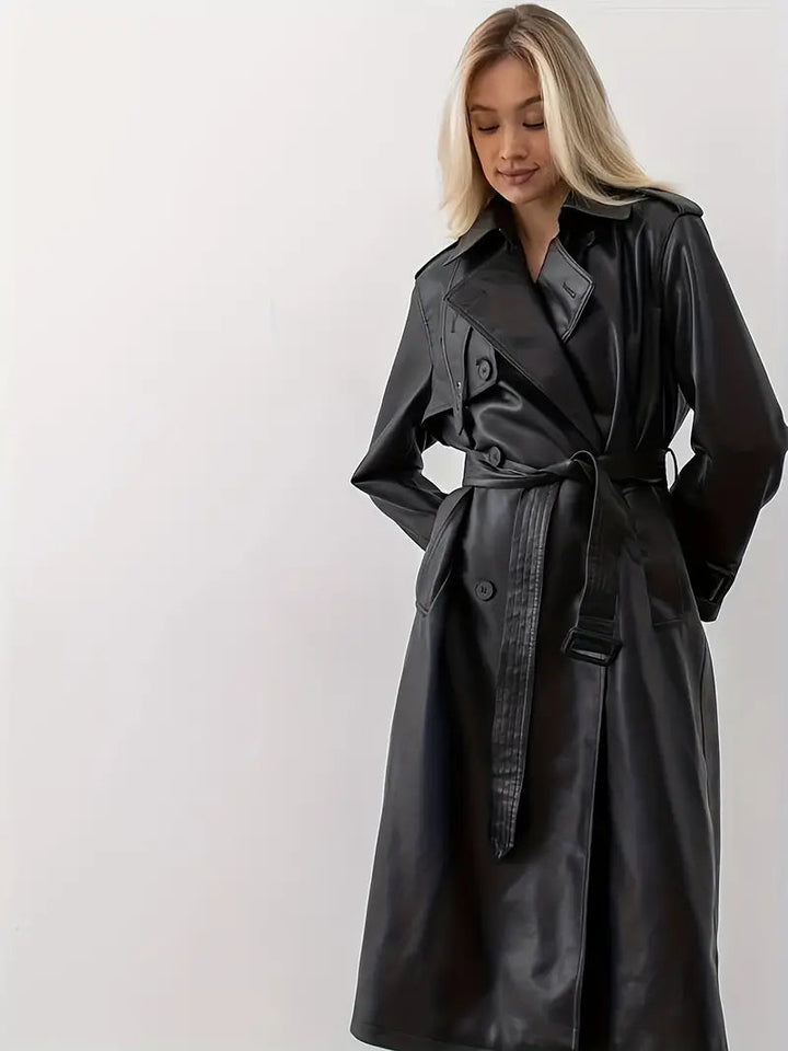 Elegant women's double-breasted faux leather outerwear, perfect as a winter coat.