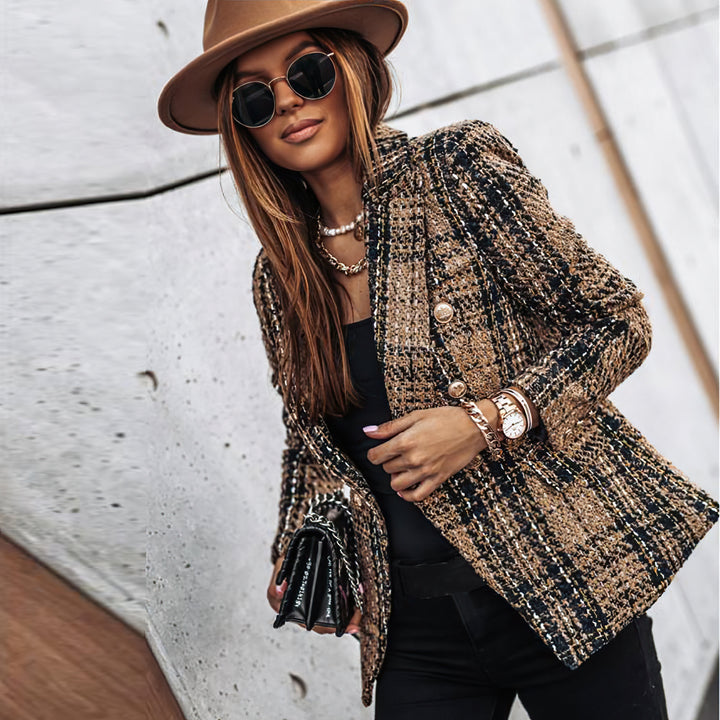 Fashionable women's plaid blazer, double breasted front, for smart casual chic. Outerwear.