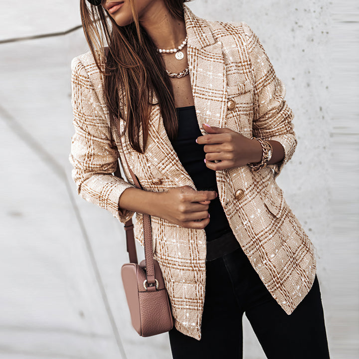Stylish women's plaid blazer in a double breasted design, perfect for formal wear or daily chic.
