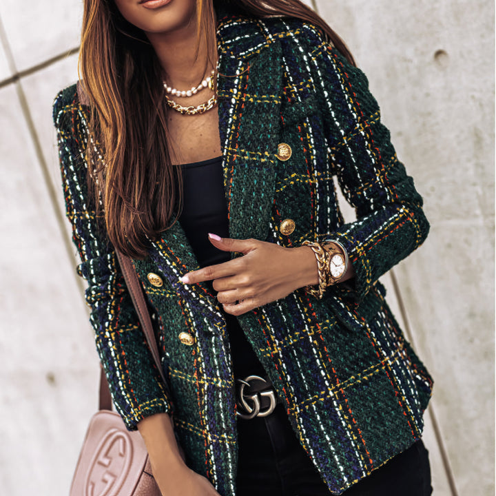 Women's formal plaid blazer with double breasted buttons, ideal for office and smart events.