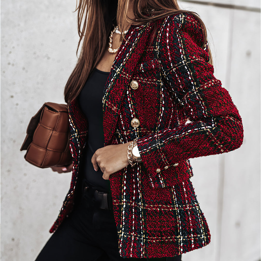 Versatile women's plaid blazer, double breasted style, suitable for both casual and formal wear.