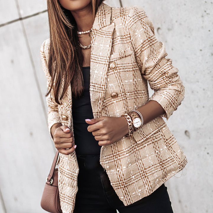 Elegant double breasted plaid blazer jacket for women, featuring a classic check pattern.