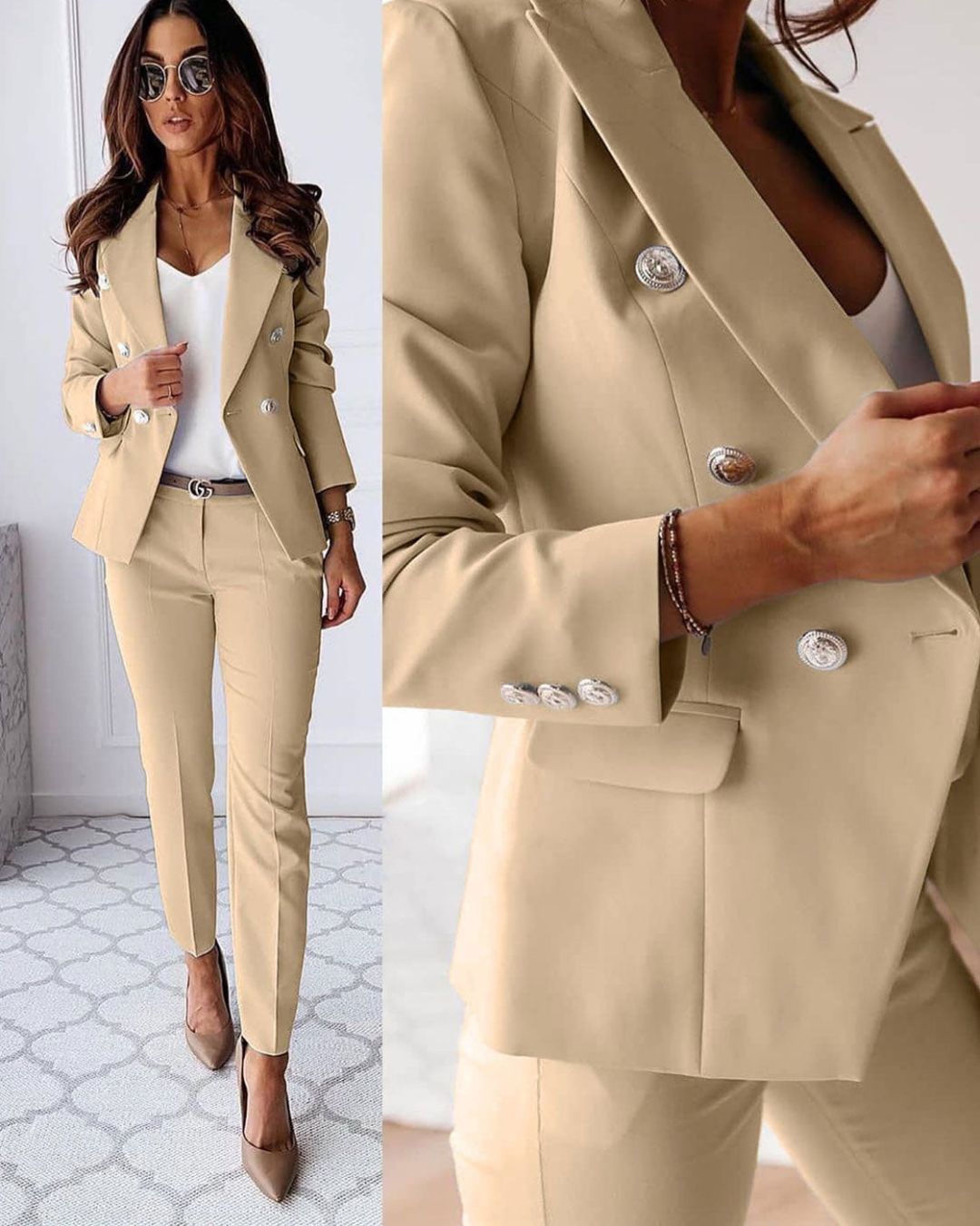 Stylish women's double-breasted suit set, perfect business attire with a slim-fit trouser design.