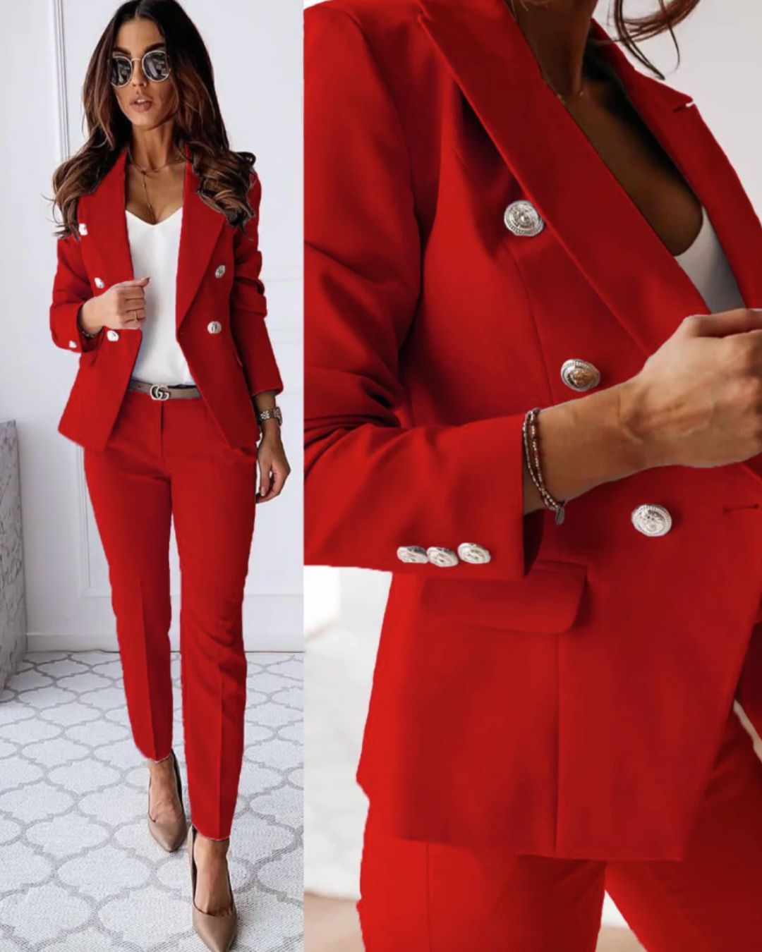 Modern women's double-breasted suit with sleek slim-fit trousers, a chic professional dress.
