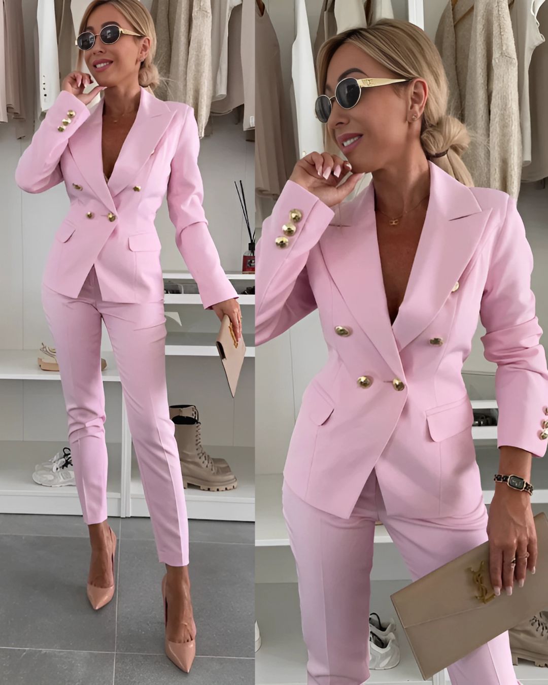 Sophisticated women's double-breasted tailored suit and slim-fit pants, for formal occasions.