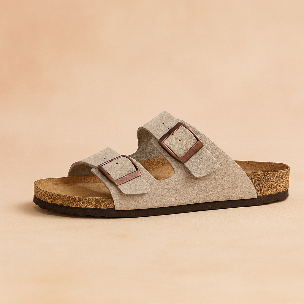 Women's double buckle comfort slides, ideal for casual summer wear and everyday comfort.