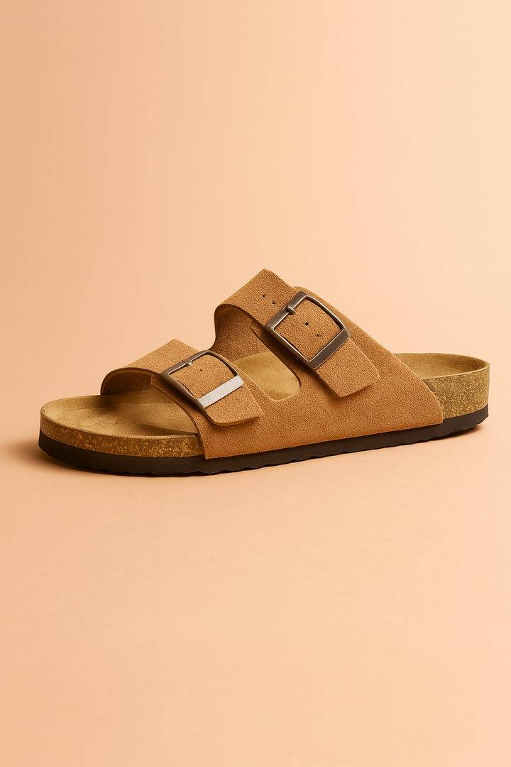 Chic women's flat sandals with double buckles & open toe, perfect for beach or casual summer outings.